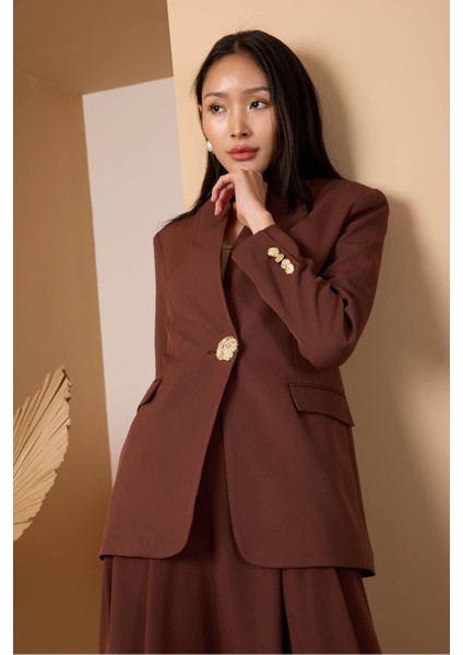 Acı Kahve Salaş Kesim Düğme Detaylı Dokuma Blazer Ceket