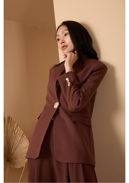 Acı Kahve Salaş Kesim Düğme Detaylı Dokuma Blazer Ceket