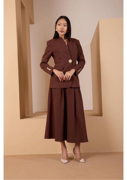 Acı Kahve Salaş Kesim Düğme Detaylı Dokuma Blazer Ceket