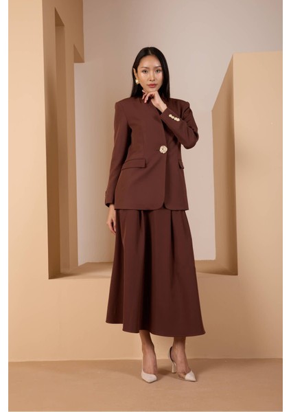 Acı Kahve Salaş Kesim Düğme Detaylı Dokuma Blazer Ceket