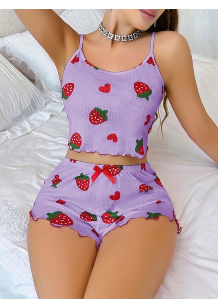 Kadın Mor Çilek Desenli Şortlu Pijama Takımı 5061