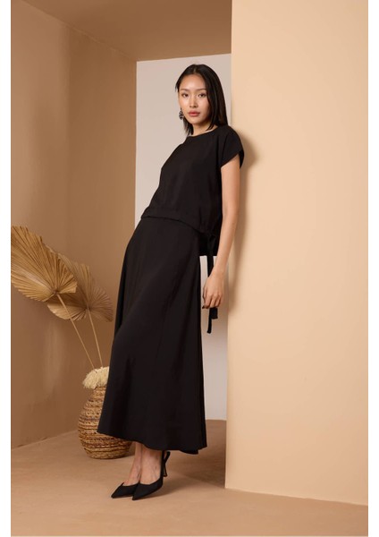 Siyah Salaş Kesim Beli Lastikli Dokuma Etek