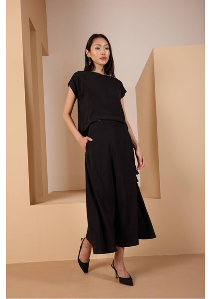 Siyah Salaş Kesim Beli Lastikli Dokuma Etek