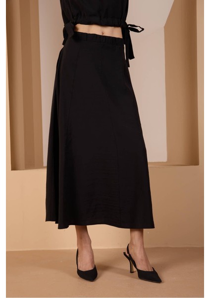 Siyah Salaş Kesim Beli Lastikli Dokuma Etek