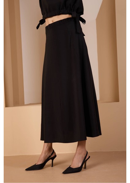 Siyah Salaş Kesim Beli Lastikli Dokuma Etek