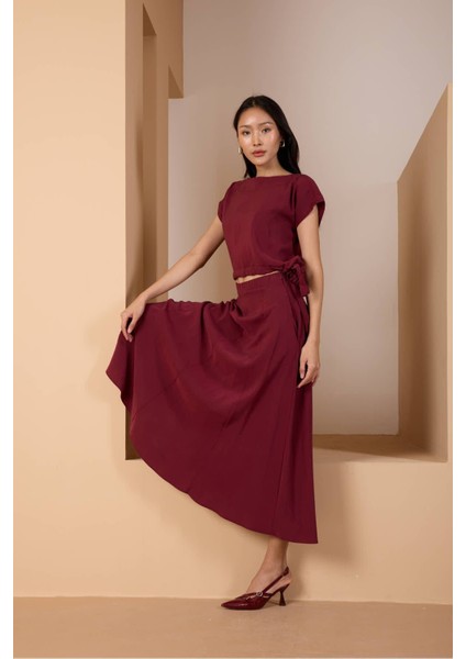 Bordo Salaş Kesim Beli Lastikli Dokuma Etek