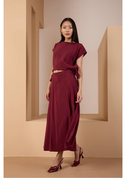 Bordo Salaş Kesim Beli Lastikli Dokuma Etek