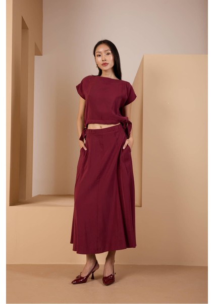 Bordo Salaş Kesim Beli Lastikli Dokuma Etek