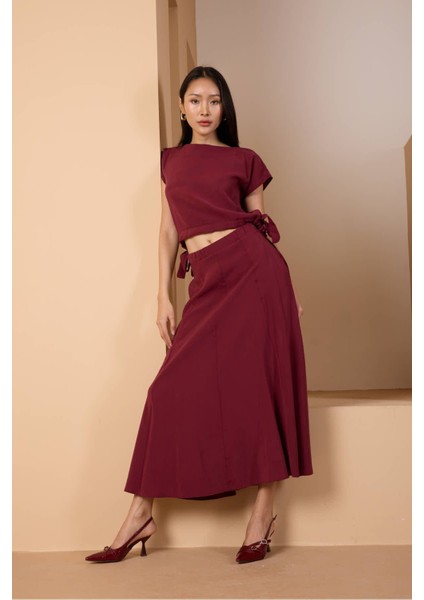 Bordo Salaş Kesim Beli Lastikli Dokuma Etek