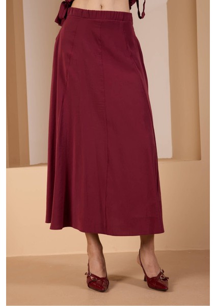 Bordo Salaş Kesim Beli Lastikli Dokuma Etek