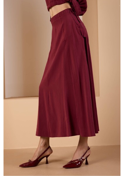 Bordo Salaş Kesim Beli Lastikli Dokuma Etek
