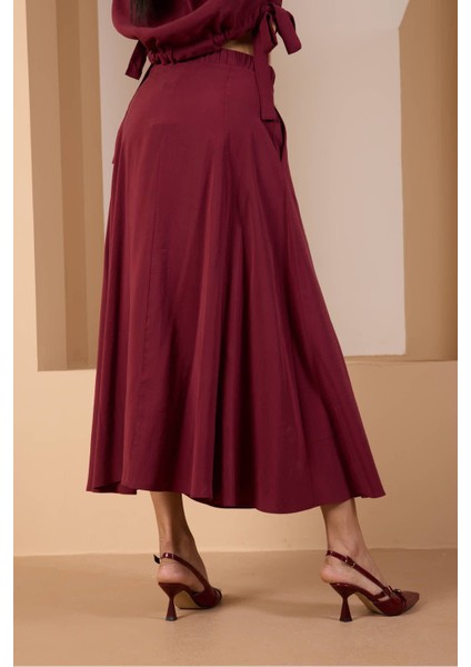 Bordo Salaş Kesim Beli Lastikli Dokuma Etek