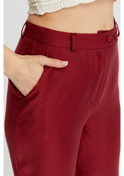 Bordo Keten Ispanyol Paça Dokuma Pantolon