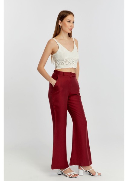 Bordo Keten Ispanyol Paça Dokuma Pantolon