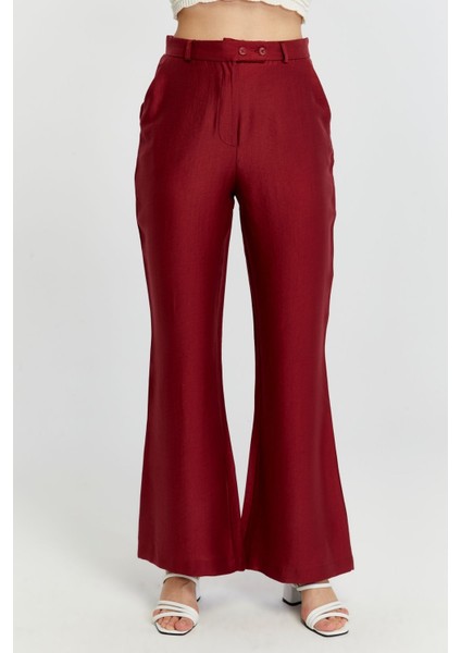 Bordo Keten Ispanyol Paça Dokuma Pantolon