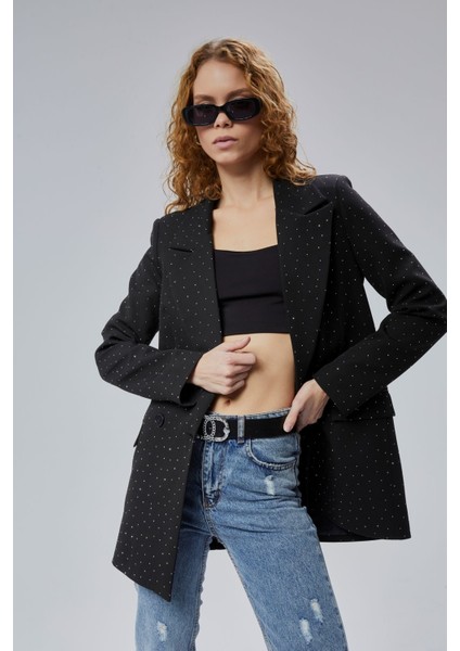 Siyah Regular Dokuma Astarlı Taş Detaylı Blazer Ceket