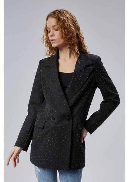 Siyah Regular Dokuma Astarlı Taş Detaylı Blazer Ceket