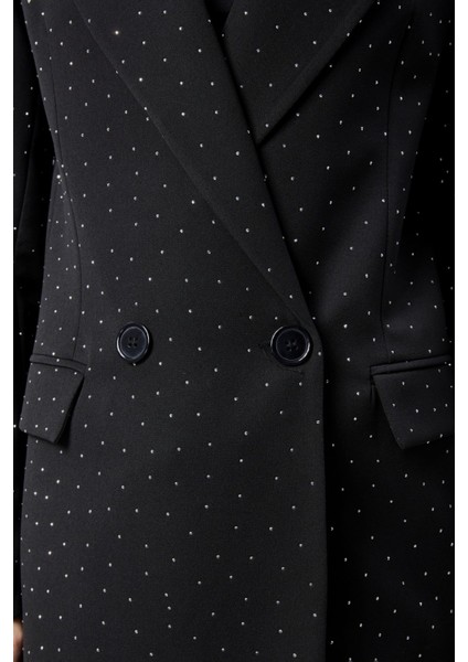 Siyah Regular Dokuma Astarlı Taş Detaylı Blazer Ceket