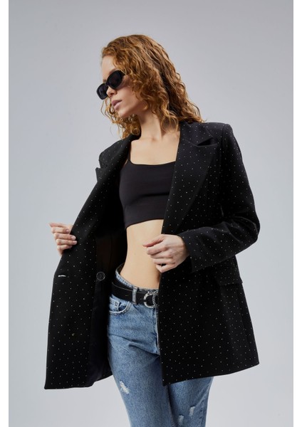 Siyah Regular Dokuma Astarlı Taş Detaylı Blazer Ceket
