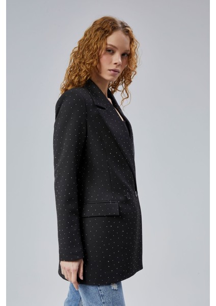 Siyah Regular Dokuma Astarlı Taş Detaylı Blazer Ceket