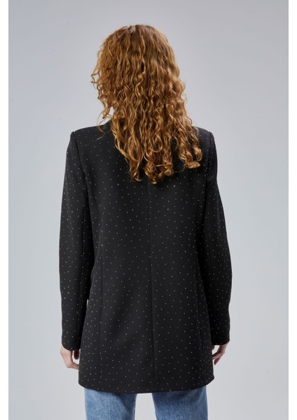 Siyah Regular Dokuma Astarlı Taş Detaylı Blazer Ceket