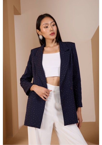 Lacivert Regular Dokuma Astarlı Taş Detaylı Blazer Ceket