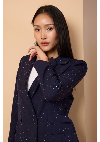 Lacivert Regular Dokuma Astarlı Taş Detaylı Blazer Ceket