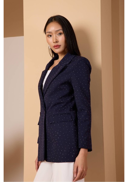 Lacivert Regular Dokuma Astarlı Taş Detaylı Blazer Ceket