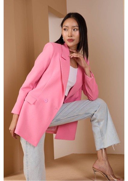 Pembe Regular Dokuma Astarlı Taş Detaylı Blazer Ceket