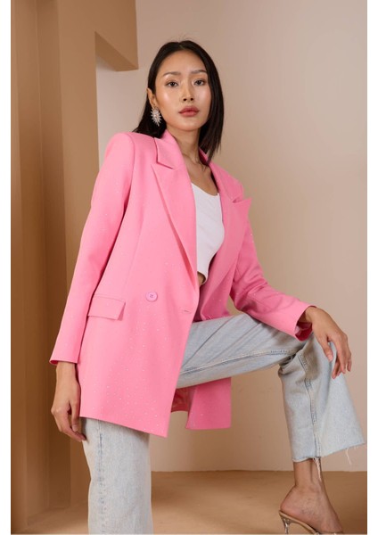 Pembe Regular Dokuma Astarlı Taş Detaylı Blazer Ceket