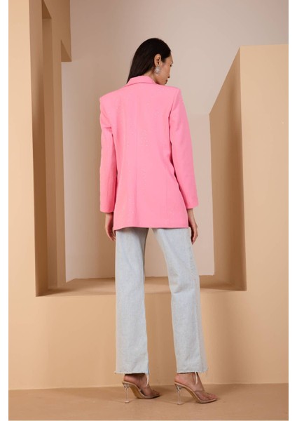 Pembe Regular Dokuma Astarlı Taş Detaylı Blazer Ceket