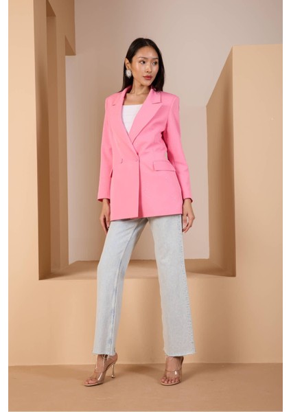 Pembe Regular Dokuma Astarlı Taş Detaylı Blazer Ceket