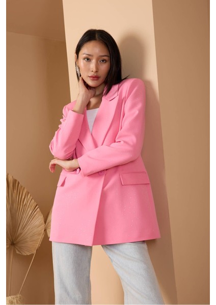 Pembe Regular Dokuma Astarlı Taş Detaylı Blazer Ceket