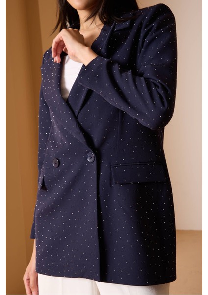 Lacivert Regular Dokuma Astarlı Taş Detaylı Blazer Ceket