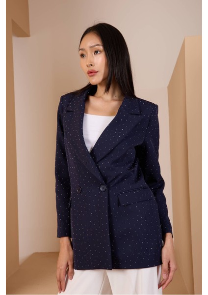 Lacivert Regular Dokuma Astarlı Taş Detaylı Blazer Ceket