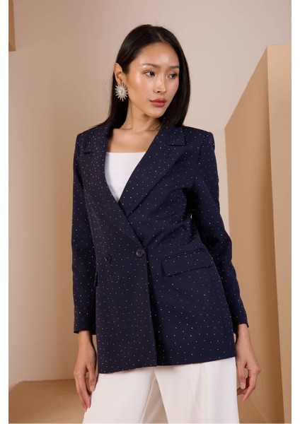 Lacivert Regular Dokuma Astarlı Taş Detaylı Blazer Ceket