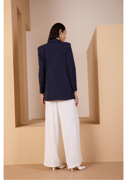 Lacivert Regular Dokuma Astarlı Taş Detaylı Blazer Ceket