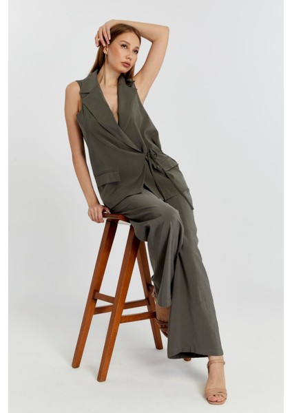 Haki Geniş Paça Dokuma Pantolon