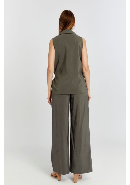 Haki Geniş Paça Dokuma Pantolon