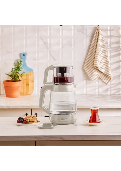 Büyük Kapasiteli Cam Çay Makinesi ve Su Isıtıcı, Şık Tasarım, Beyaz