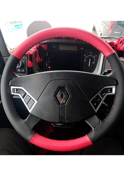 Dikişli Direksiyon Kılıfı Siyah Deri Kırmızı Deri Siyah Dikişli Renault Tır Kamyon (Fotodaki)