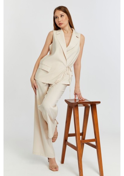 Bej Geniş Paça Dokuma Pantolon