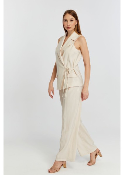 Bej Geniş Paça Dokuma Pantolon