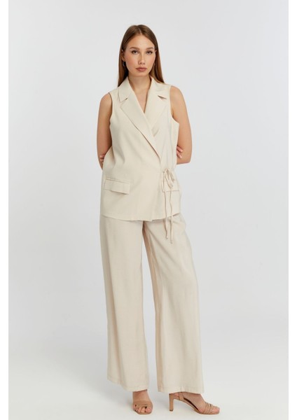 Bej Geniş Paça Dokuma Pantolon