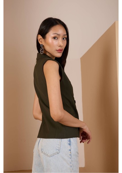 Haki Regular Fit Astarlı Dokuma Yelek