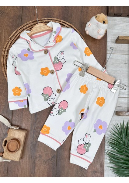 Tavşan Baskılı Pamuklu Kruvaze Yaka Önden Düğmeli Kız Çocuk Pijama Takımı