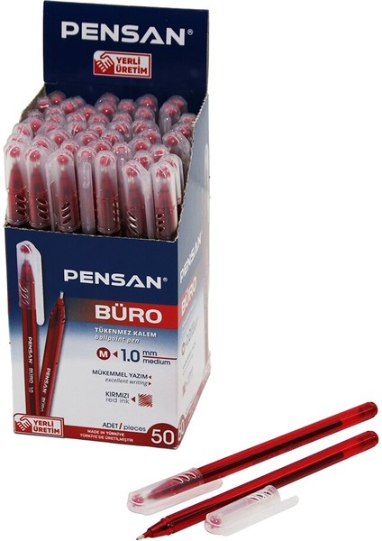 50 Adet Pensan Büro Kırmızı Tükenmez Kalem M-Medium - 1.0mm Uç (5224)