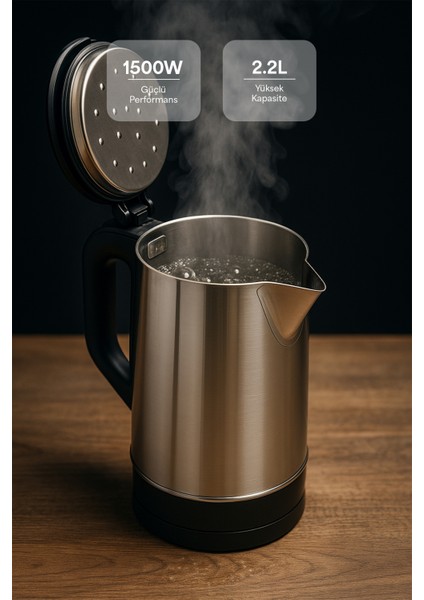 Şık Gri Paslanmaz Çelik Su Isıtıcı, 2,5l, 1500W, Dayanıklı ve Hızlı Isıtma modelleri