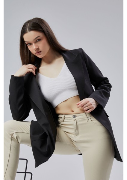 Siyah Kruvaze Uzun Blazer Ceket