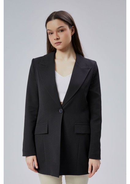 Siyah Kruvaze Uzun Blazer Ceket